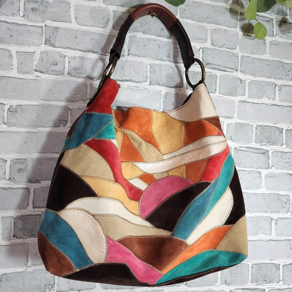 VINTAGE Lucky Brand Patchwork Suede Leather Hobo Bag Sunrise Sunset 🌇